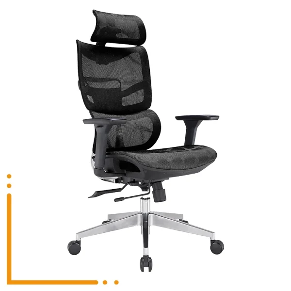 Silla Zeus con respaldo de malla y reposacabeza 3D.