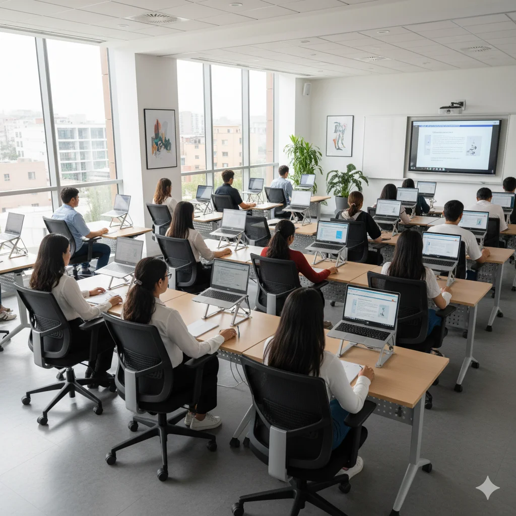 Estudiantes universitarios usando mobiliario escolar ergonómico