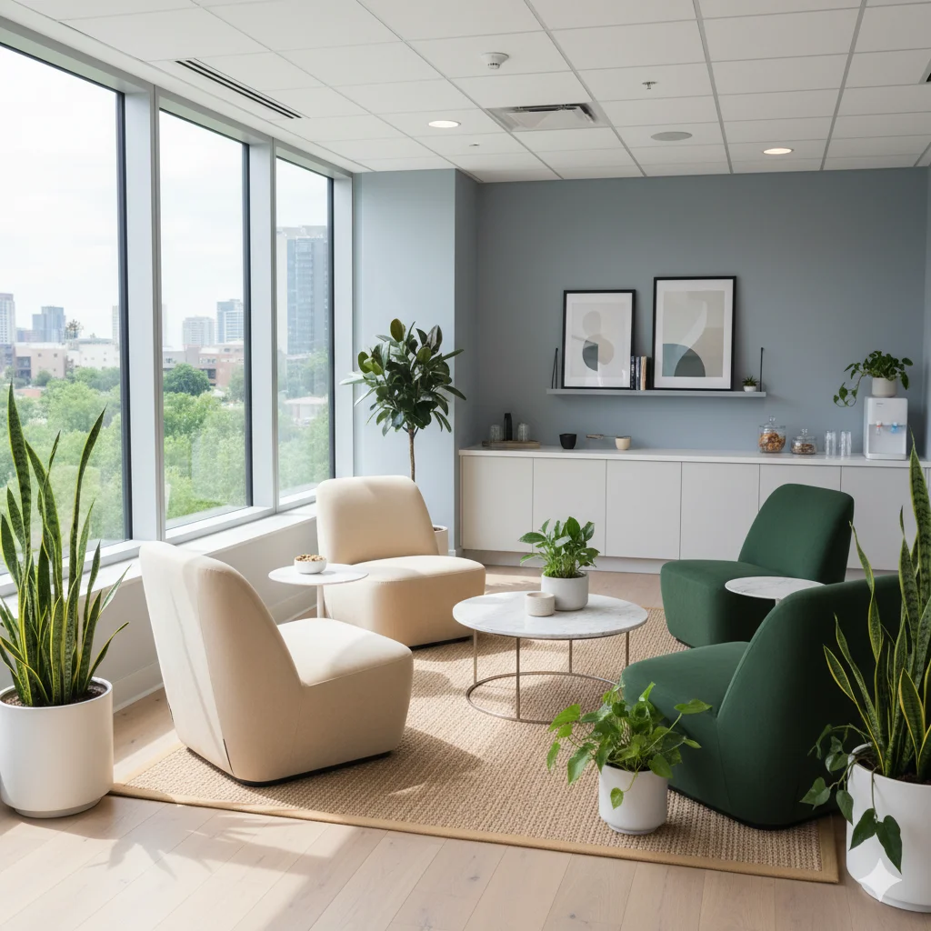 Zona de descanso en oficina con mobiliario ergonómico