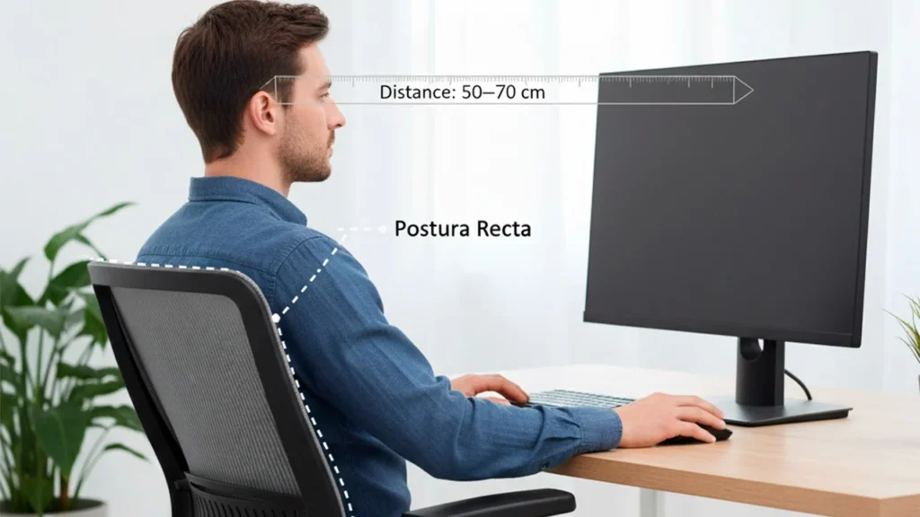 Monitor ajustado a la altura de los ojos en oficina