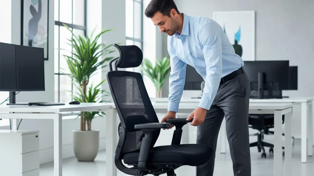 Prevención de dolor lumbar con silla ergonómica ajustable en oficina