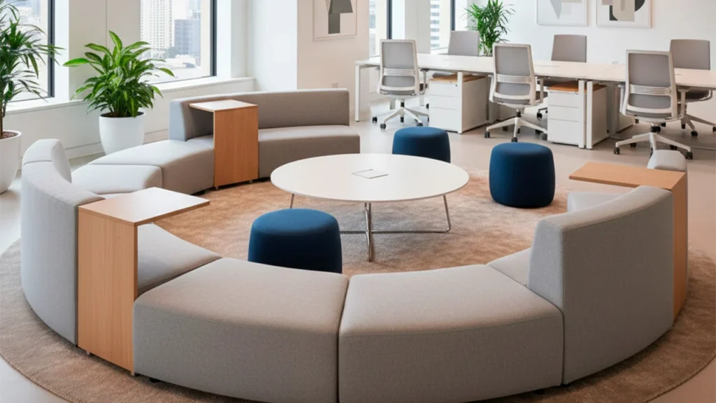 Oficina moderna con sillas modulares configuradas en círculo.