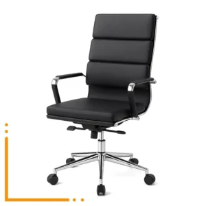 Silla Belga gerencial con respaldo alto acolchado y base cromada de 5 puntas.